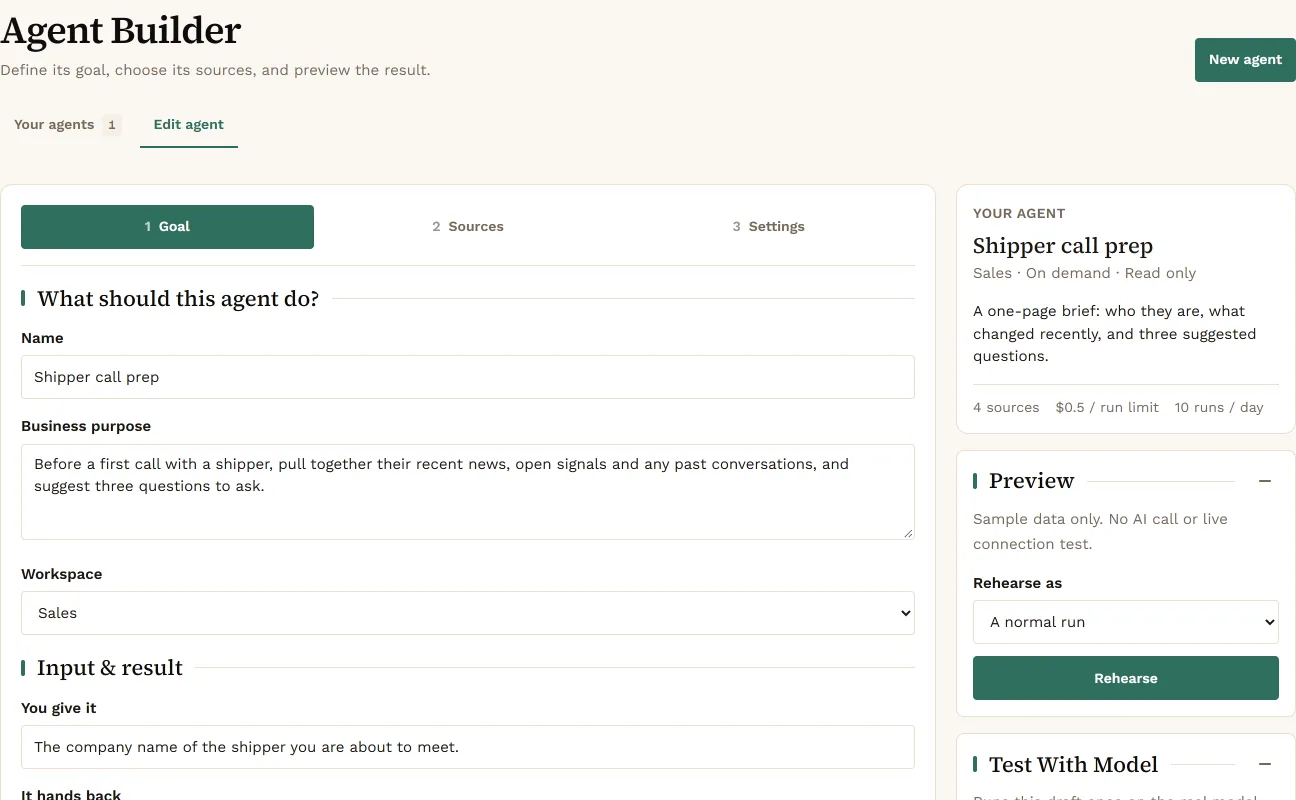 The Agent Builder on its Goal step for an agent called Shipper call prep: name, business purpose, workspace and input and result fields, beside the live draft card and a Rehearse preview.