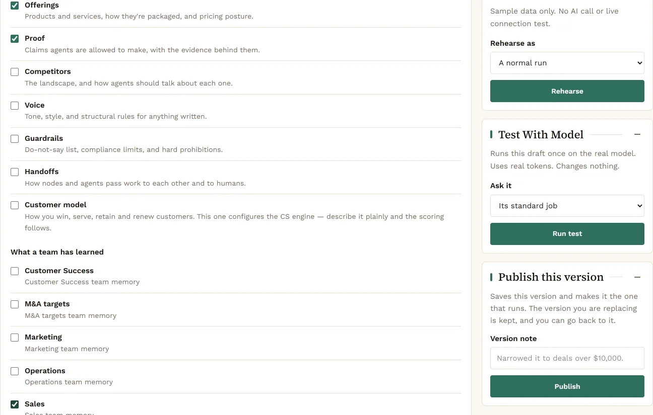 The Agent Builder Sources step: checkboxes for business background such as Offerings and Proof and for what each team has learned, with Rehearse, Test With Model and Publish This Version panels on the right.