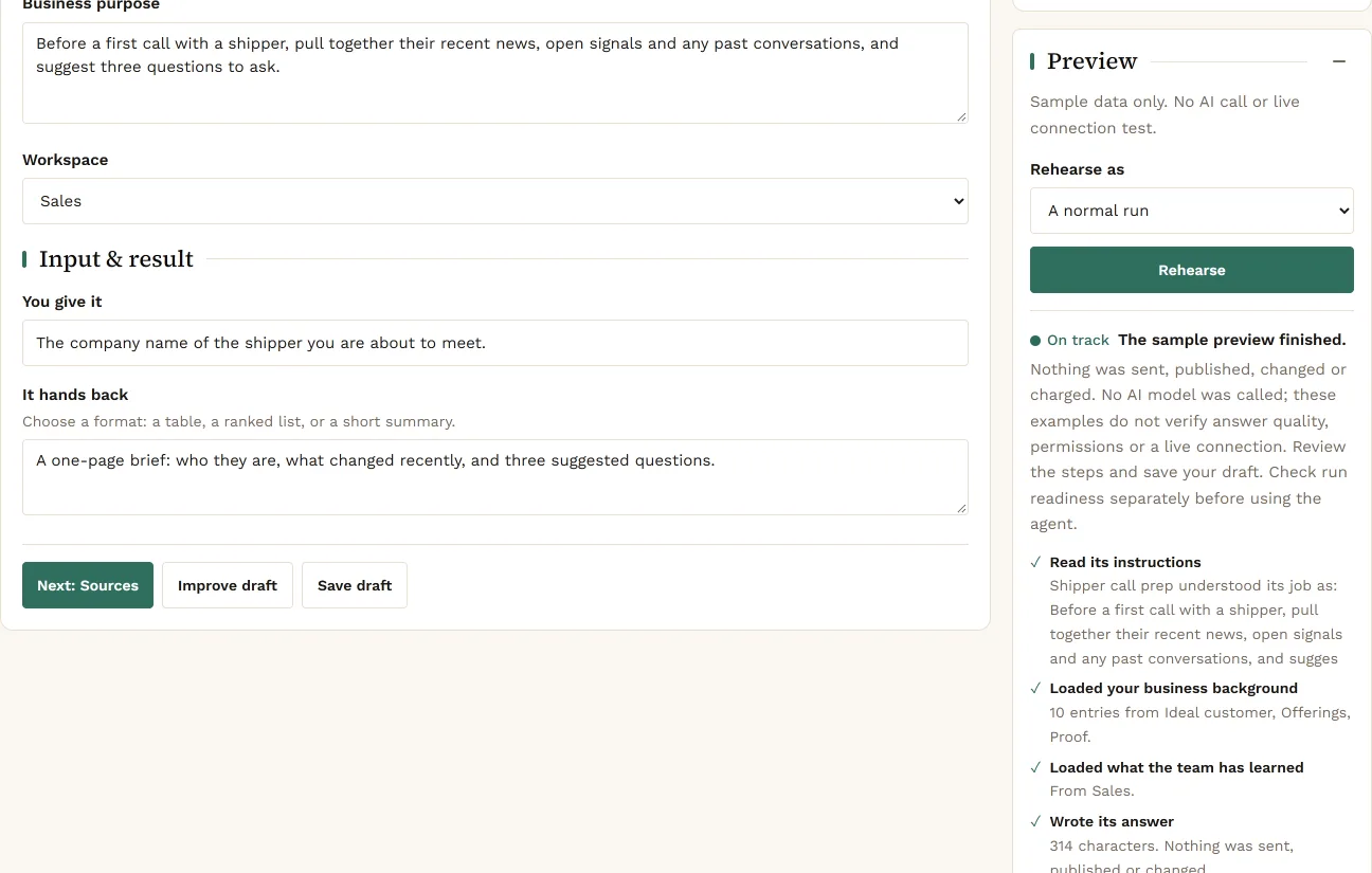The Agent Builder Preview panel after a rehearsal: the sample preview finished, nothing was sent, published, changed or charged, and the checks it passed, from reading its instructions to writing its answer.