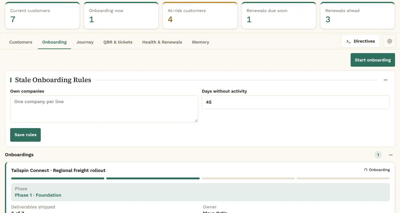 The Onboarding tab of Customer Success: Stale Onboarding Rules with days without activity set to 45, above an Onboardings list showing Tailspin Connect, Regional freight rollout, in Phase 1, Foundation.