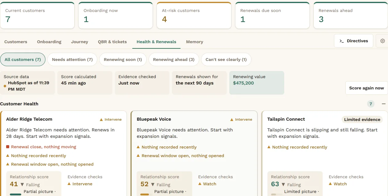 The Customer Success area in Konsil on Health and Renewals: tiles for current customers, onboarding now, at-risk customers and renewals, filters such as Needs attention and Renewing soon, and account cards that say why each one needs attention.