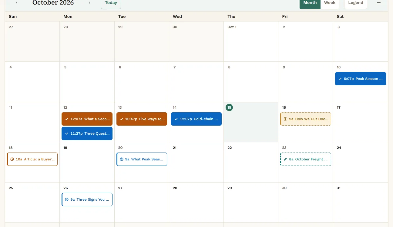 The Marketing calendar for October 2026, with LinkedIn and blog posts scheduled and published on different days between Oct 10 and Oct 26.