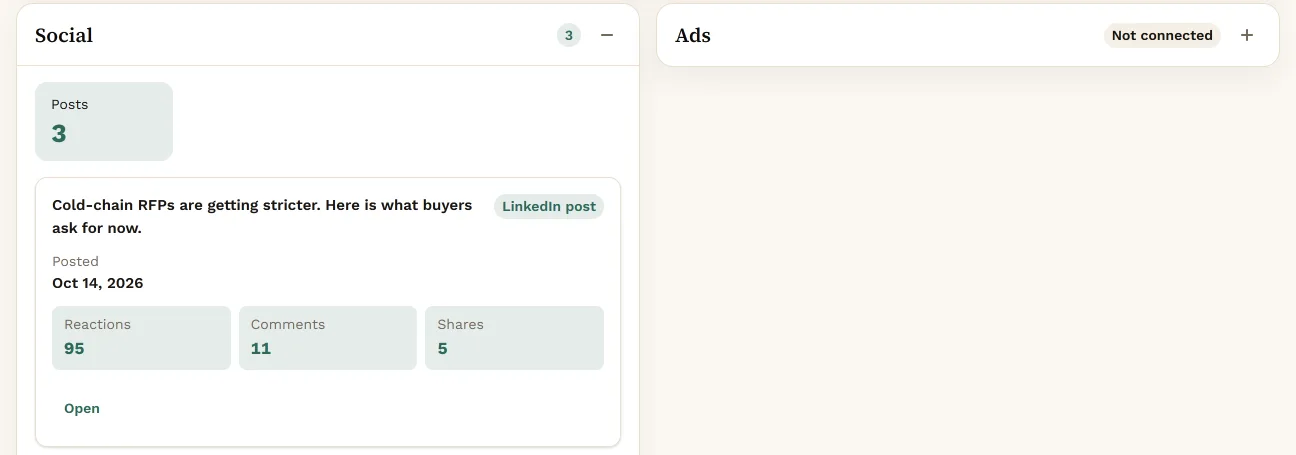 The Marketing area in Konsil: the Social panel with a Posts tile of 3 and a published LinkedIn post, Cold-chain RFPs are getting stricter, showing 95 reactions, 11 comments and 5 shares.