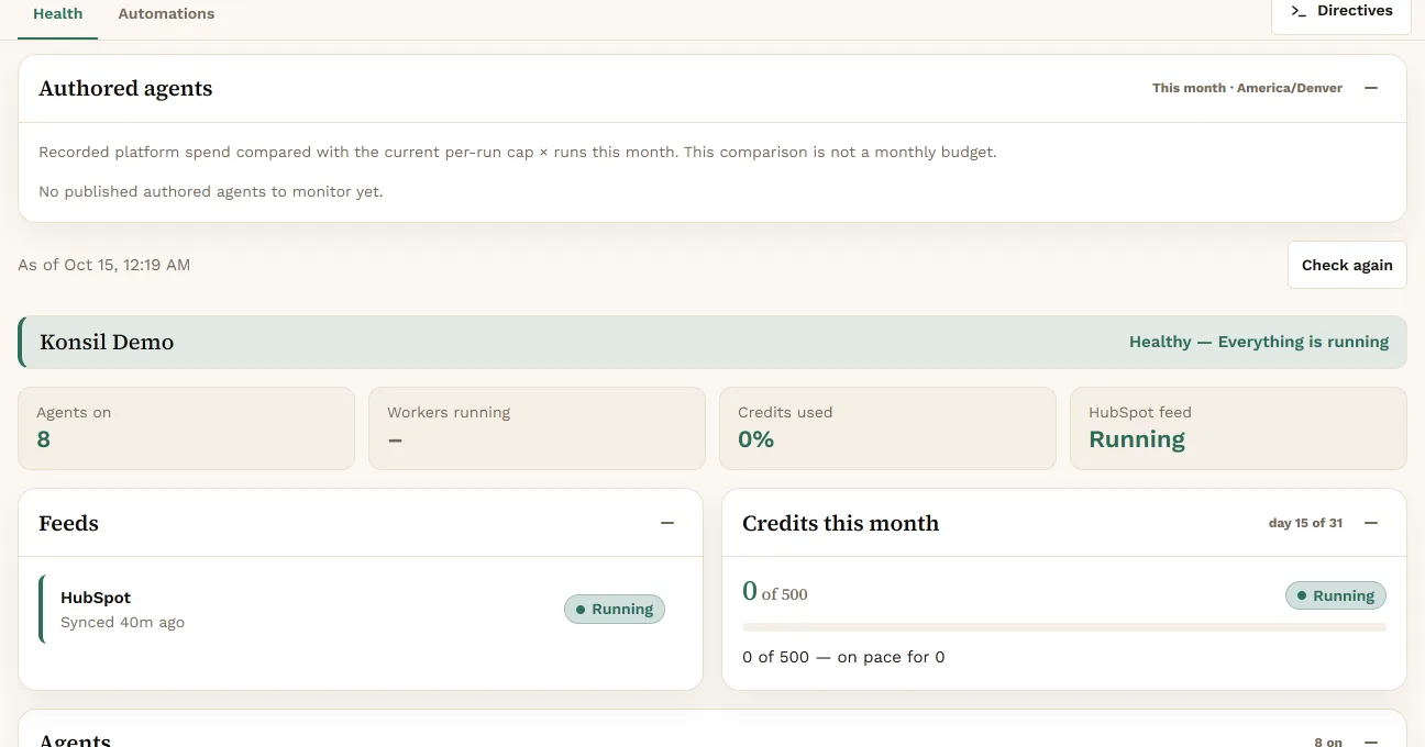 The Operations Health tab reading Healthy, everything is running, with tiles for agents on, workers running, credits used and the HubSpot feed, above Feeds and Credits This Month panels.