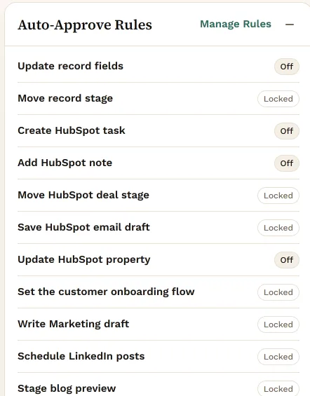 The Auto-Approve Rules panel. Off, and yours to turn on: update record fields, create a HubSpot task, add a HubSpot note, update a HubSpot property. Locked, always reviewed: move record stage, move HubSpot deal stage, save HubSpot email draft, set the customer onboarding flow, write Marketing draft, schedule LinkedIn posts, stage blog preview.