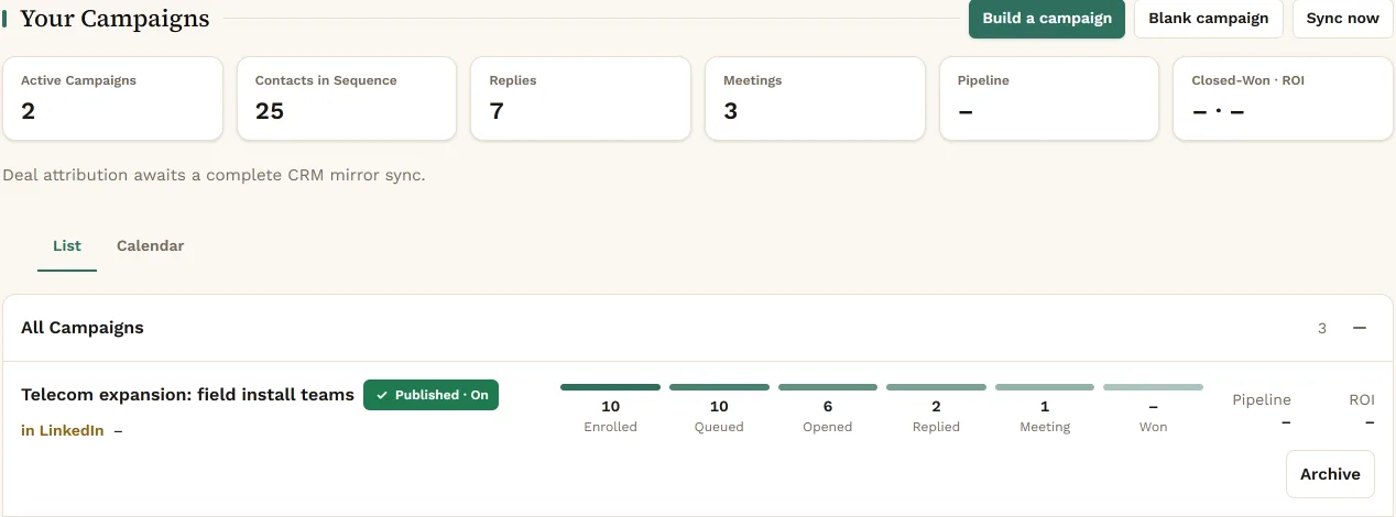 The Sales area in Konsil: Your Campaigns with tiles for active campaigns, contacts in sequence, replies and meetings, and a campaign called Telecom expansion: field install teams with its enrolled, opened, replied and meeting counts.